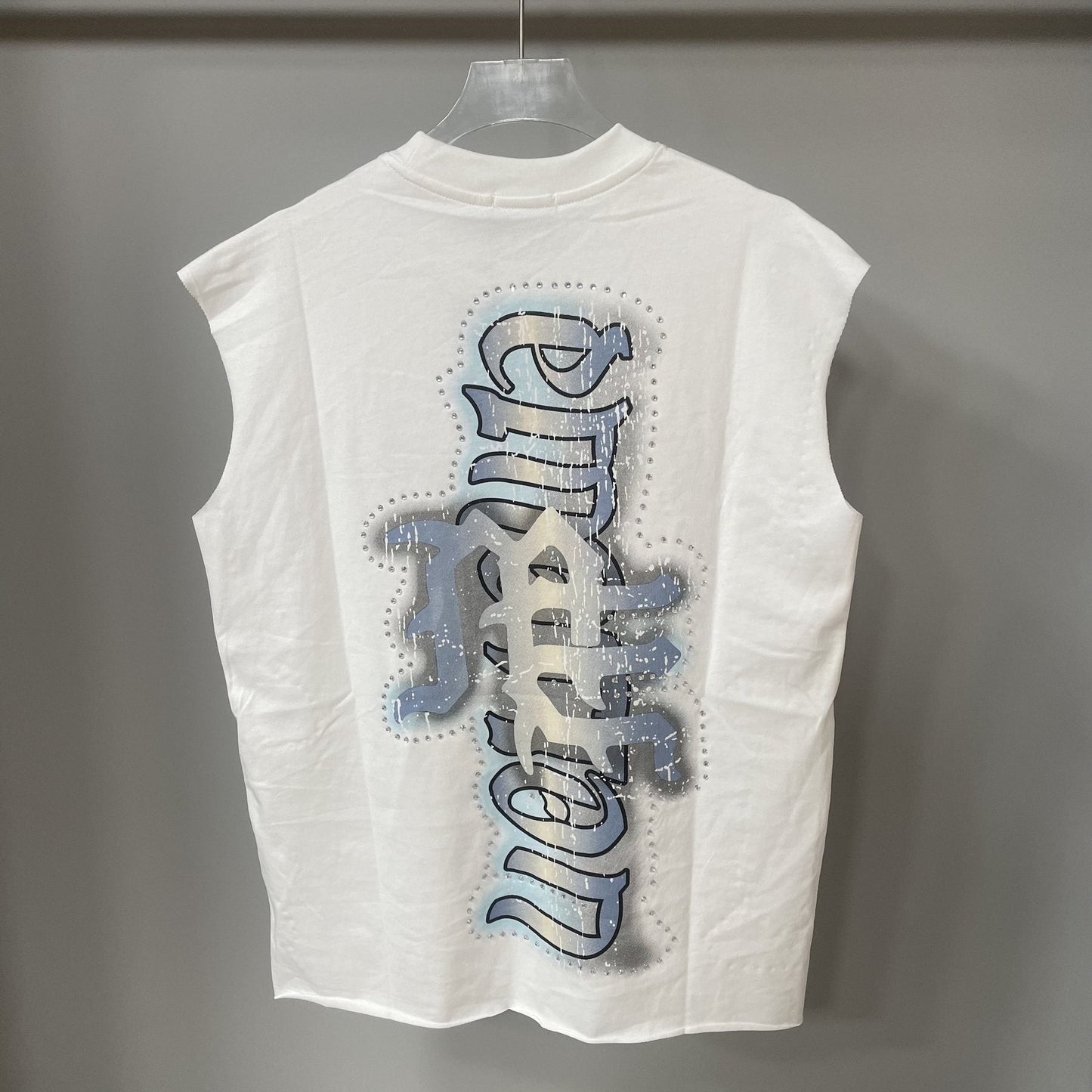 MIXED EMOTION White Vertical Wordmark Sleeveless Graphic Top — back