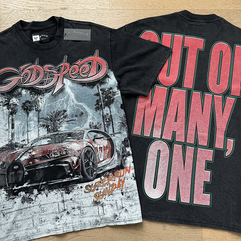 Godspeed Super Run Sunday Car Graphic Short-Sleeve T-Shirt — context