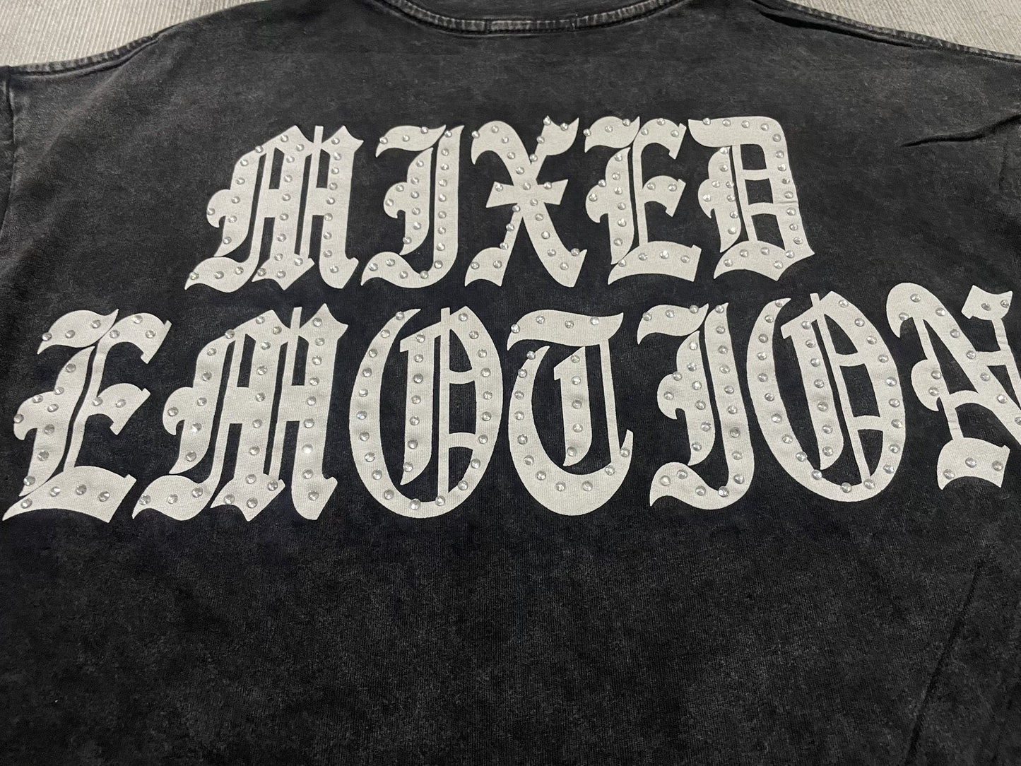 MIXED EMOTION Rhinestone Graphic Acid-Wash T-Shirt — detail