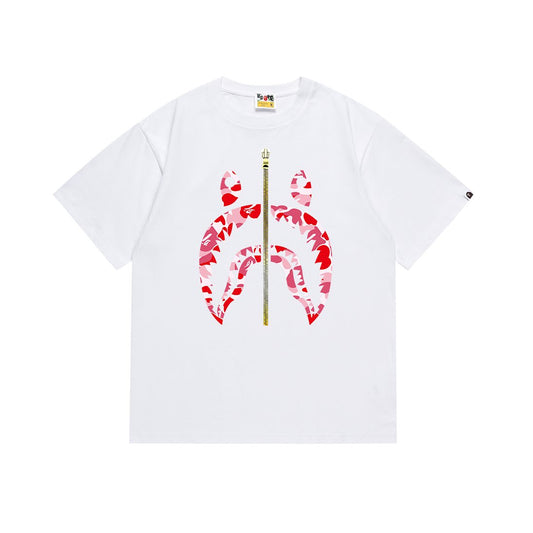BAPE Shark Zip Graphic T-Shirt - Red/Pink Camo — front