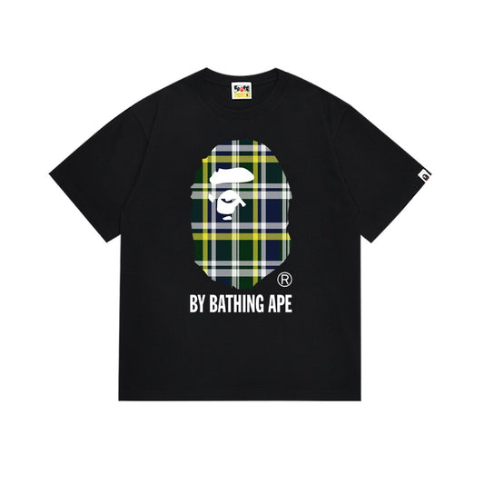BAPE Green/Yellow Plaid Ape Head Graphic T-Shirt — hero