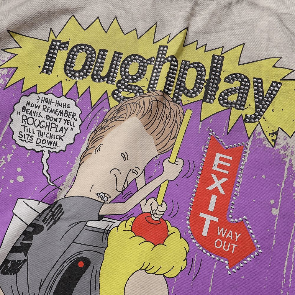 Rough Play Rhinestone Cartoon Graphic Distressed T-Shirt — detail