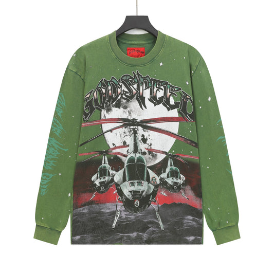 Godspeed Washed Olive Aircraft Graphic Long-Sleeve T-Shirt — hero