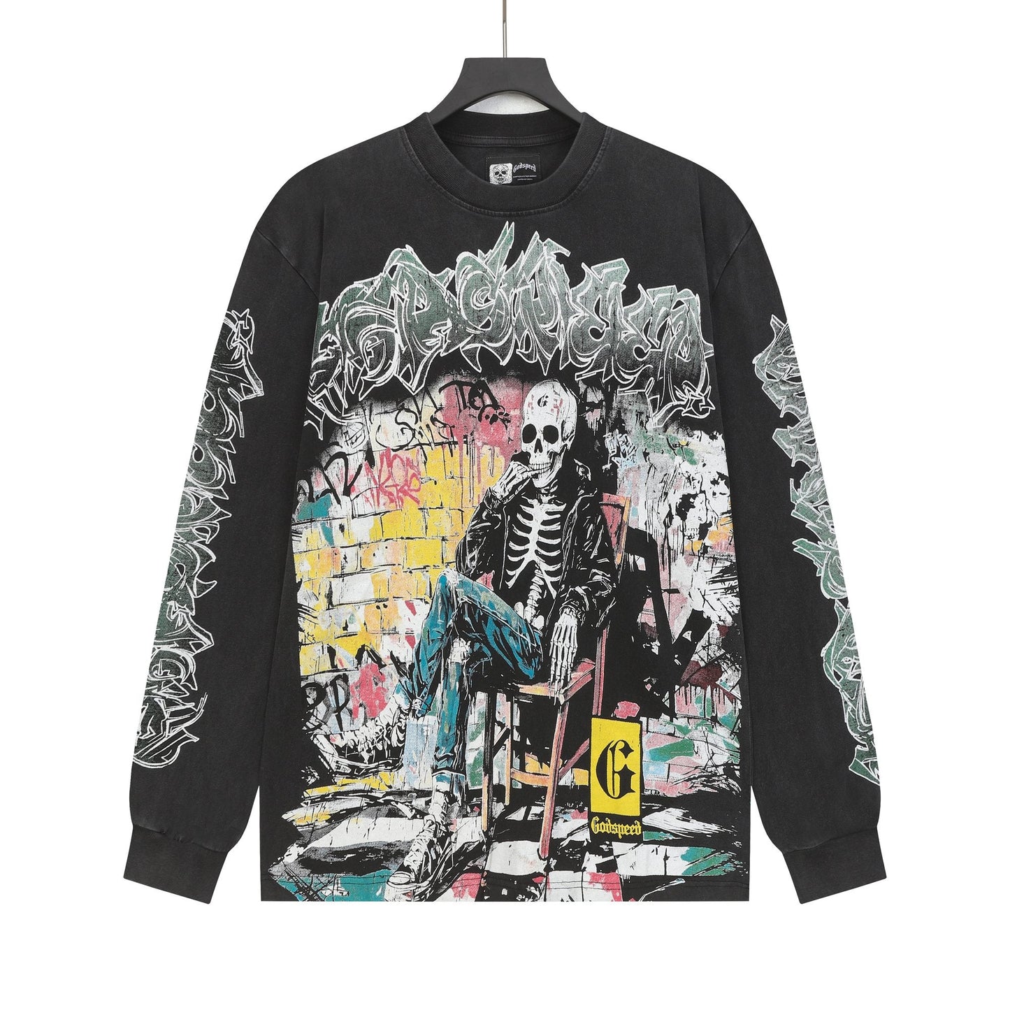Godspeed Washed Black Skeleton Graphic Long-Sleeve T-Shirt — hero