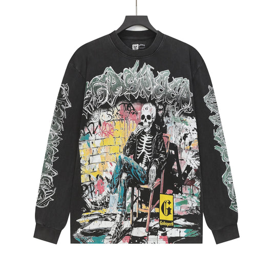 Godspeed Washed Black Skeleton Graphic Long-Sleeve T-Shirt — hero