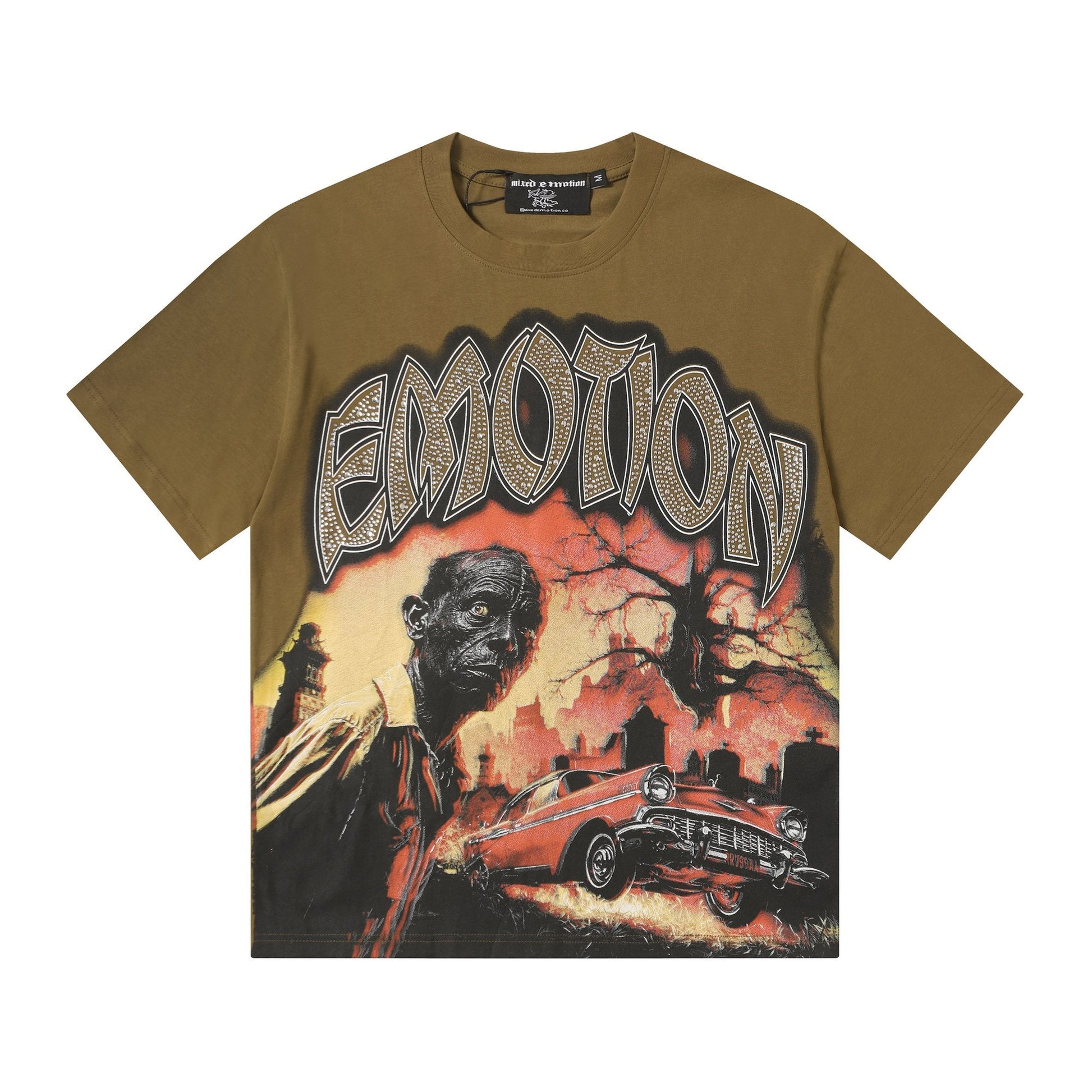 MIXED EMOTION Olive Brown Graphic T-Shirt — hero