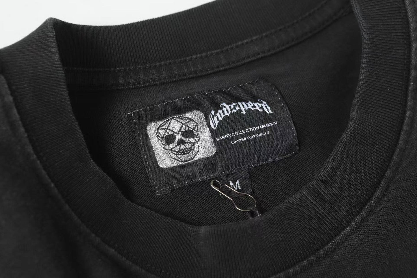 Godspeed Street Graffiti Skeleton Car Graphic T-Shirt — neck_label