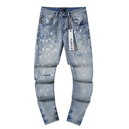 Purple Brand Light Blue Paint-Splatter Distressed Jeans — hero