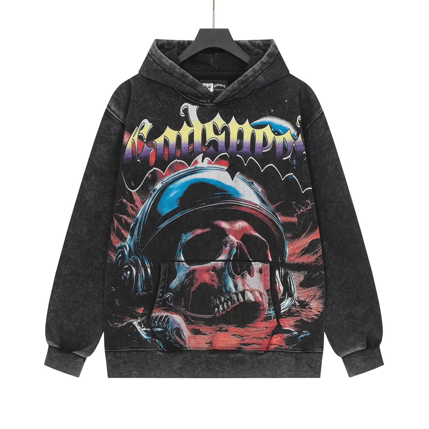 Godspeed Skull Graphic Acid Wash Hoodie — front
