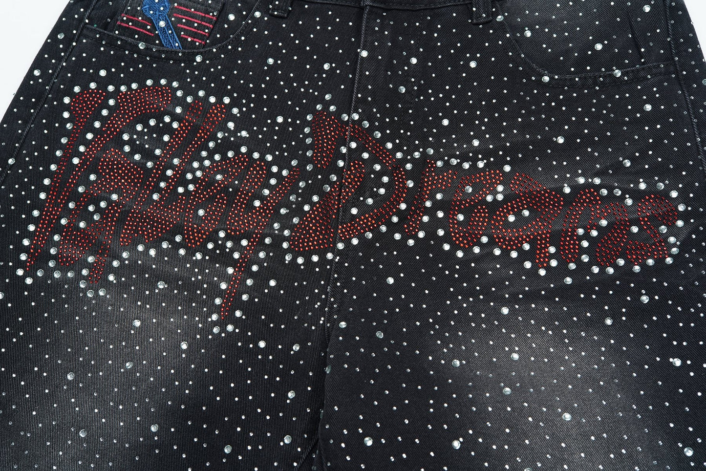 VALLEY Iced Out Rhinestone Denim Jorts — detail