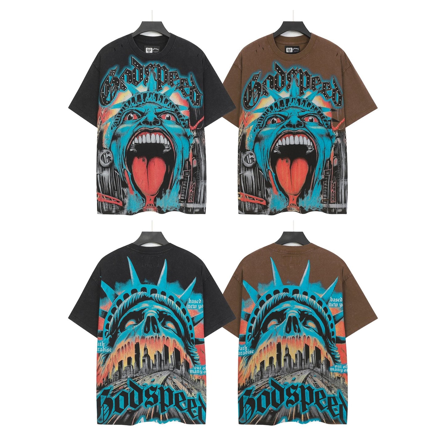 Godspeed Distressed Rhinestone Graphic T-Shirt — context