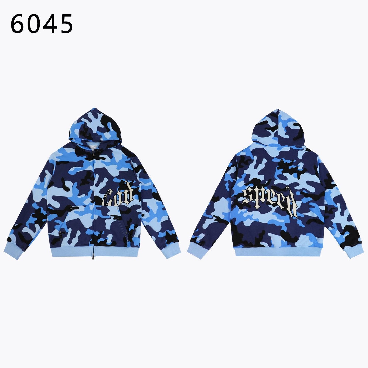 Godspeed Camouflage Gothic Letter Zip Hoodie — front