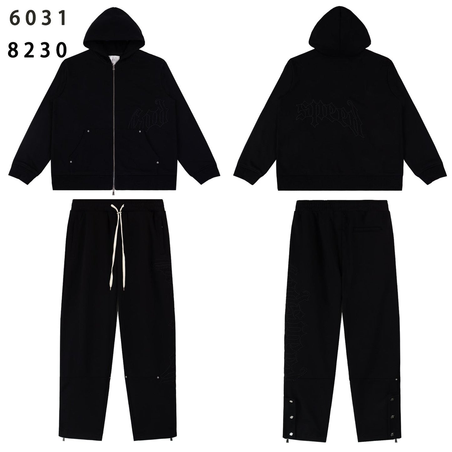 Godspeed Tonal Black Gothic Zip Hoodie Tracksuit Set — front