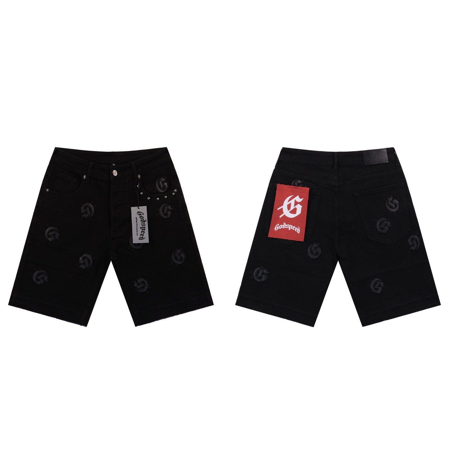 Godspeed Embroidered Denim Shorts — front