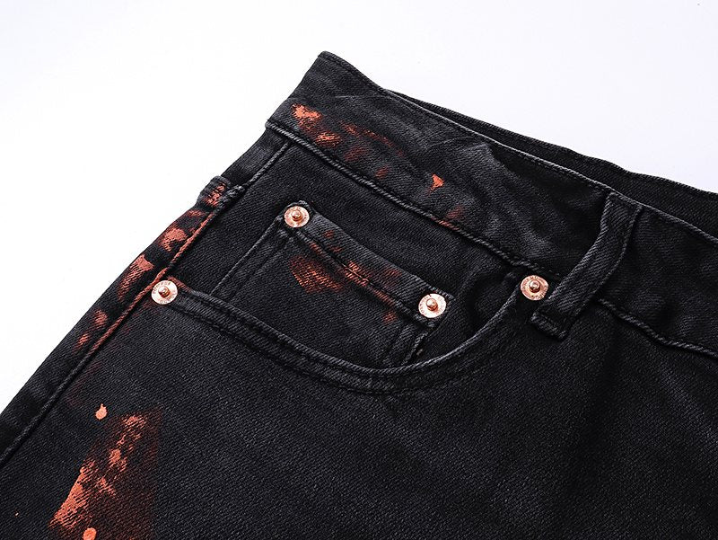 Purple Brand Black Paint-Splatter Distressed Jeans — detail