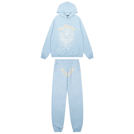 Sp5der Light Blue Graphic Hoodie & Sweatpants Matching Set — hero