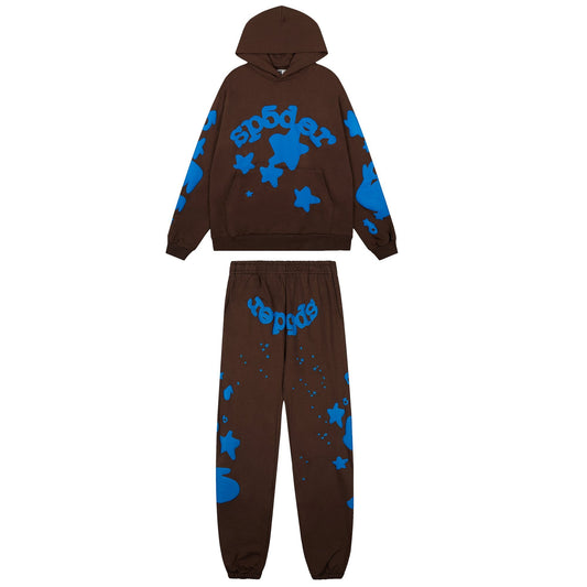 Sp5der Brown Blue Graphic Hoodie & Sweatpants Matching Set — hero