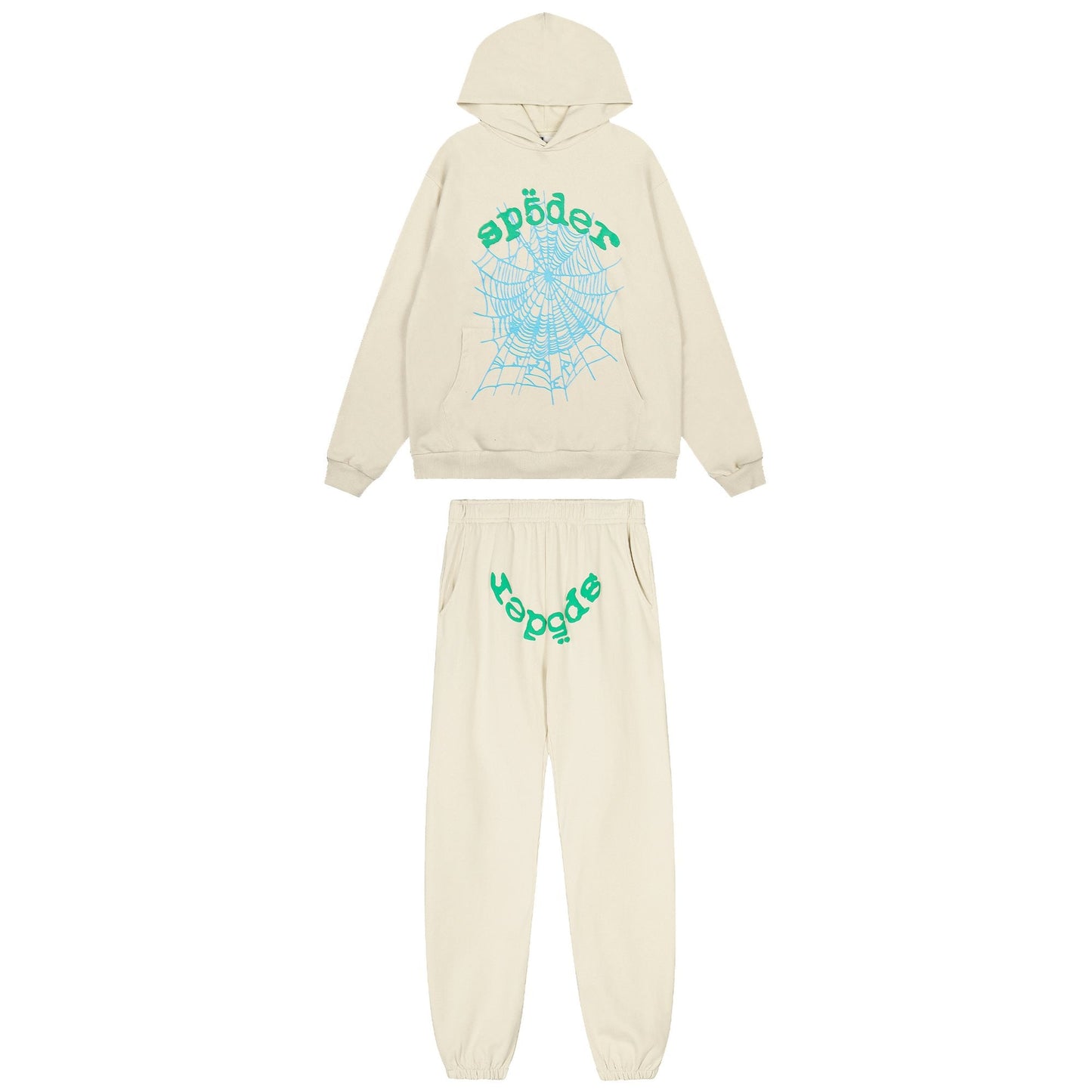 Sp5der Cream Graphic Hoodie & Sweatpants Matching Set — hero
