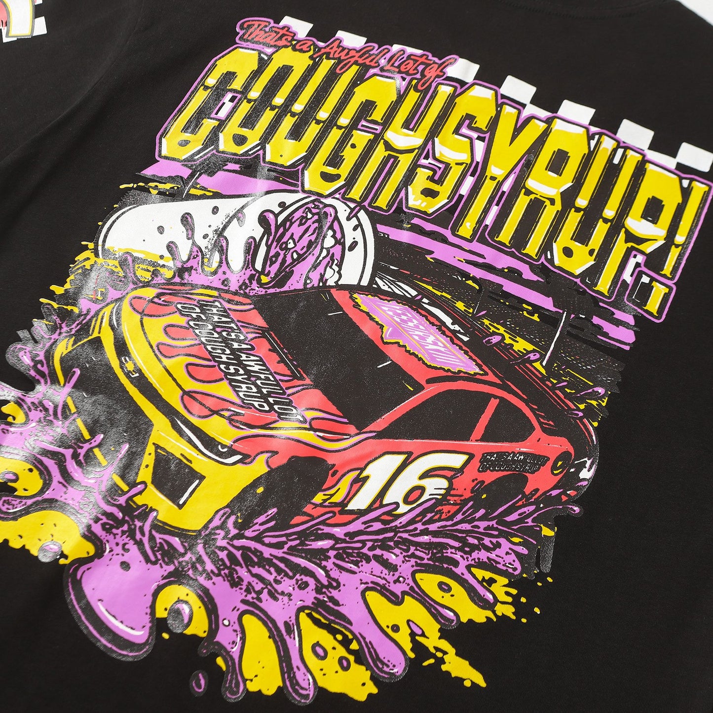THAT'S A AWFUL LOT OF COUGH SYRUP Racing Graphic Short-Sleeve T-Shirt — detail