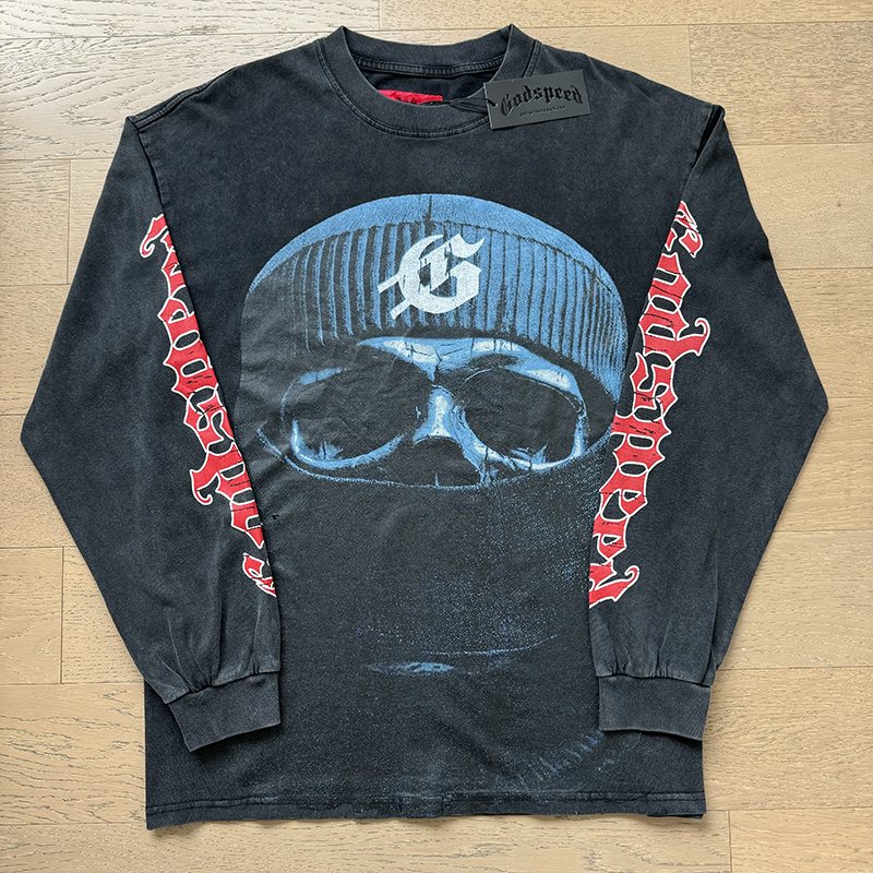 Godspeed Washed Black Graphic Long-Sleeve T-Shirt — front