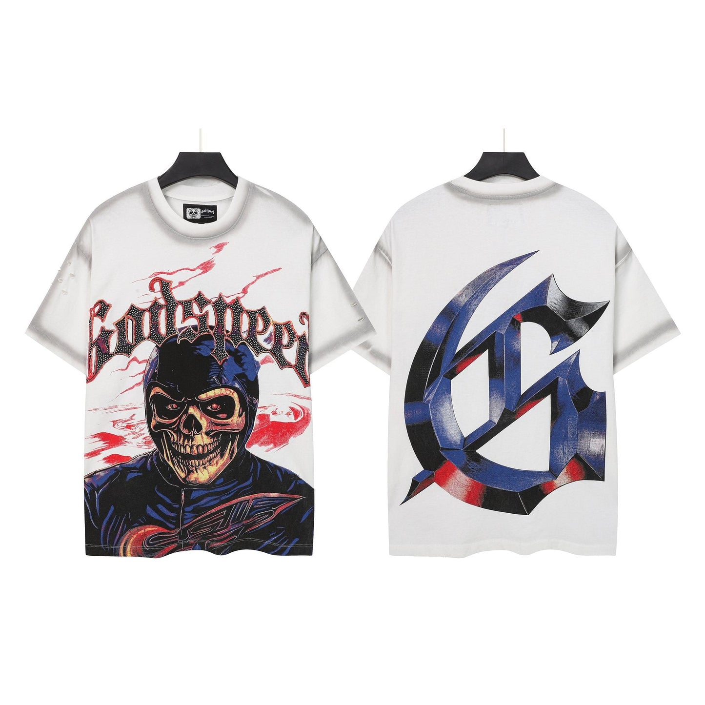 Godspeed Skull Graphic Distressed Sleeve T-Shirt — comparison