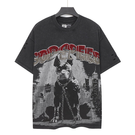 Godspeed Dog Graphic Distressed Sleeve T-Shirt — hero