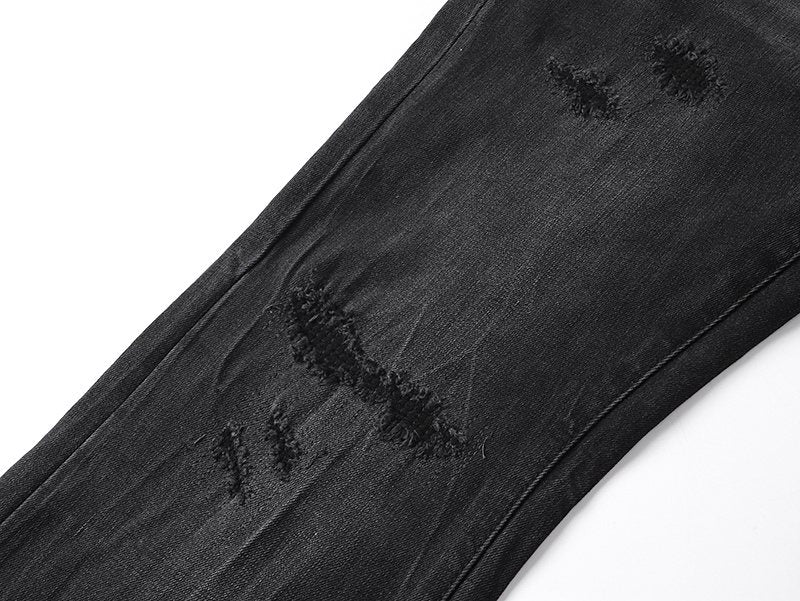 Purple Brand Black Paint-Splatter Distressed Flared Jeans — detail
