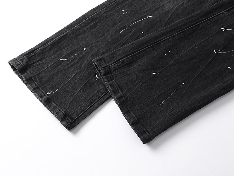Purple Brand Black Paint-Splatter Distressed Flared Jeans — detail