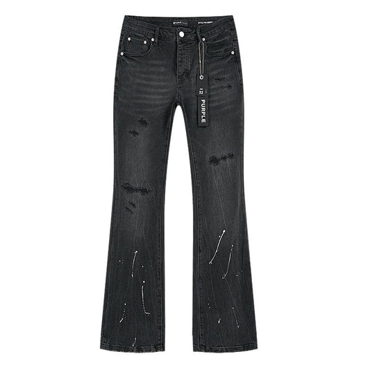 Purple Brand Black Paint-Splatter Distressed Flared Jeans — hero
