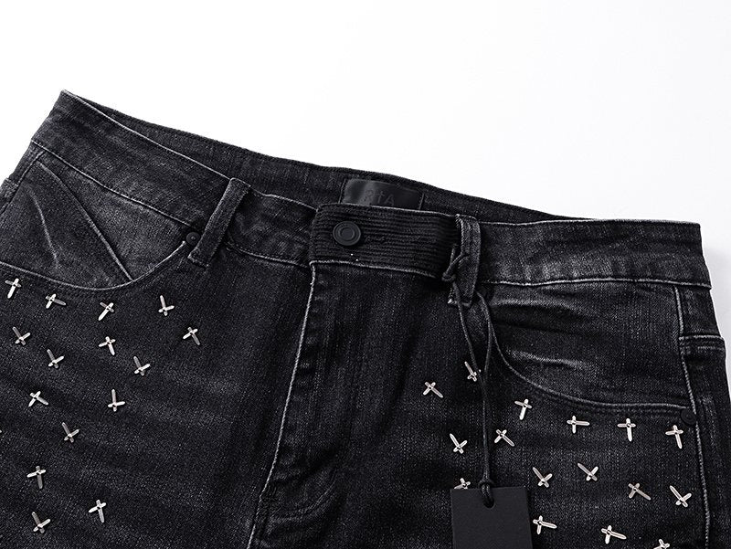 RTA Black Cross-Stud Washed Denim Jeans — detail