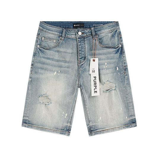 Purple Brand Light Blue Paint-Splatter Denim Shorts — hero