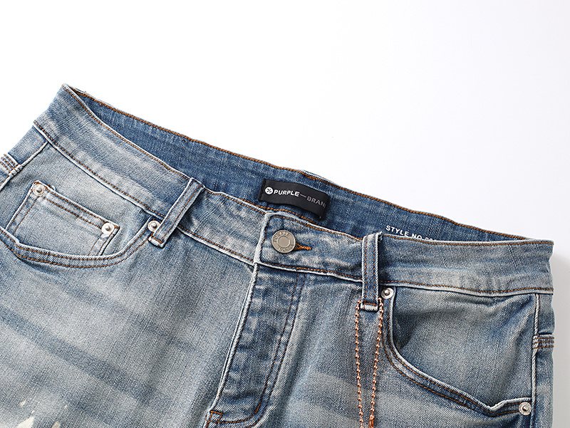 Purple Brand Light Blue Paint-Splatter Denim Shorts — detail