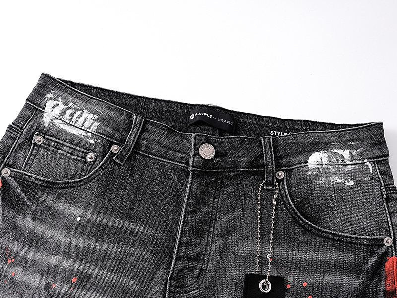 Purple Brand Paint-Splatter Distressed Denim Shorts - Black — detail