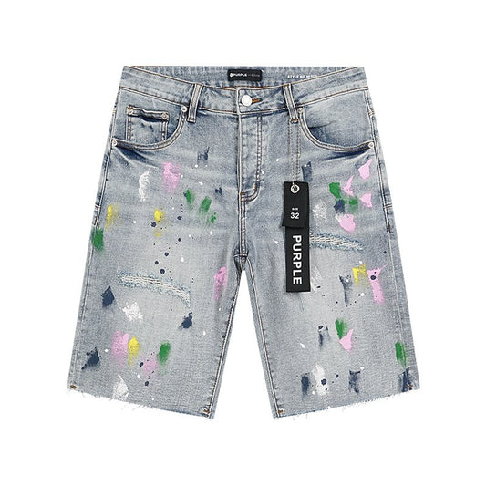 Purple Brand Light Blue Paint-Splatter Denim Shorts — hero