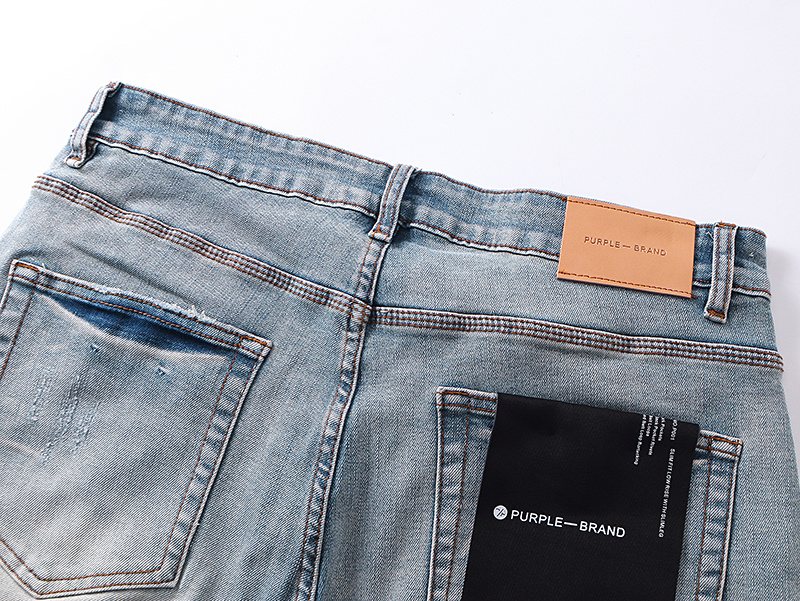 Purple Brand Light Blue Distressed Raw Hem Denim Shorts — detail