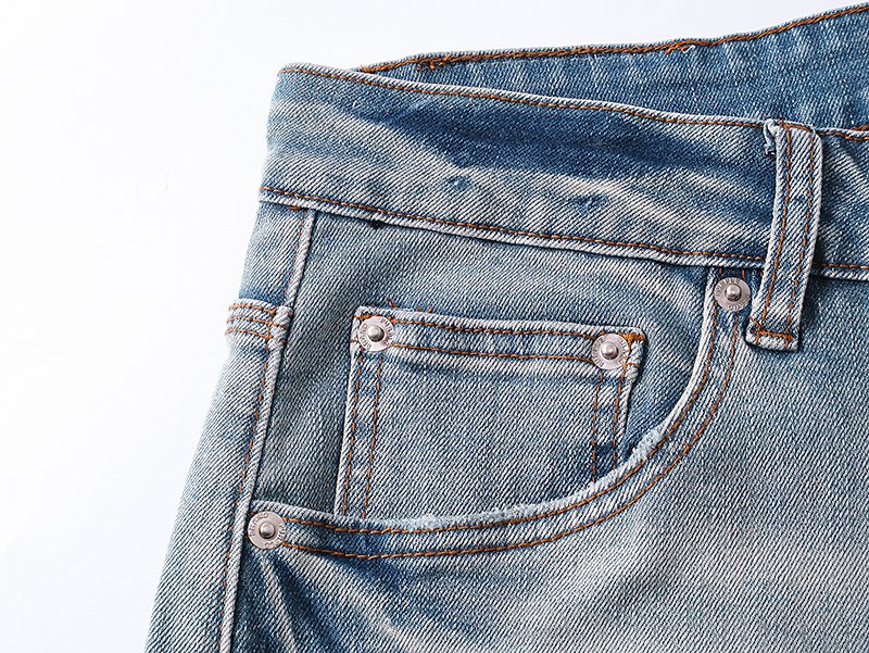 Purple Brand Light Blue Distressed Raw Hem Denim Shorts — detail