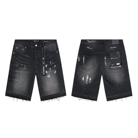 Purple Brand Black Paint-Splatter Distressed Denim Shorts — hero