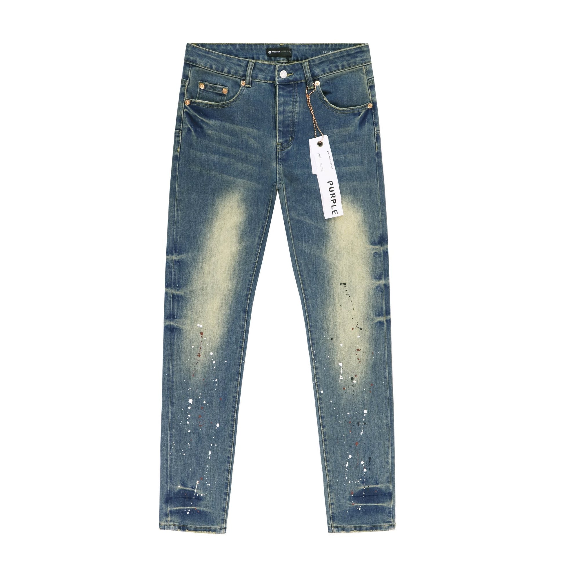 Purple Brand Blue Distressed Paint Splatter Jeans — hero