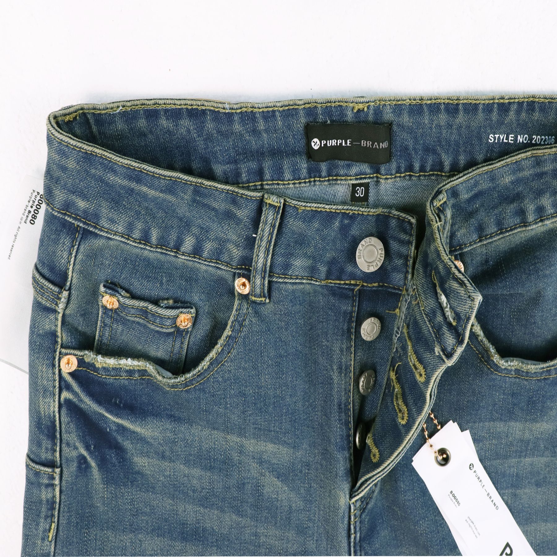 Purple Brand Blue Distressed Paint Splatter Jeans — detail
