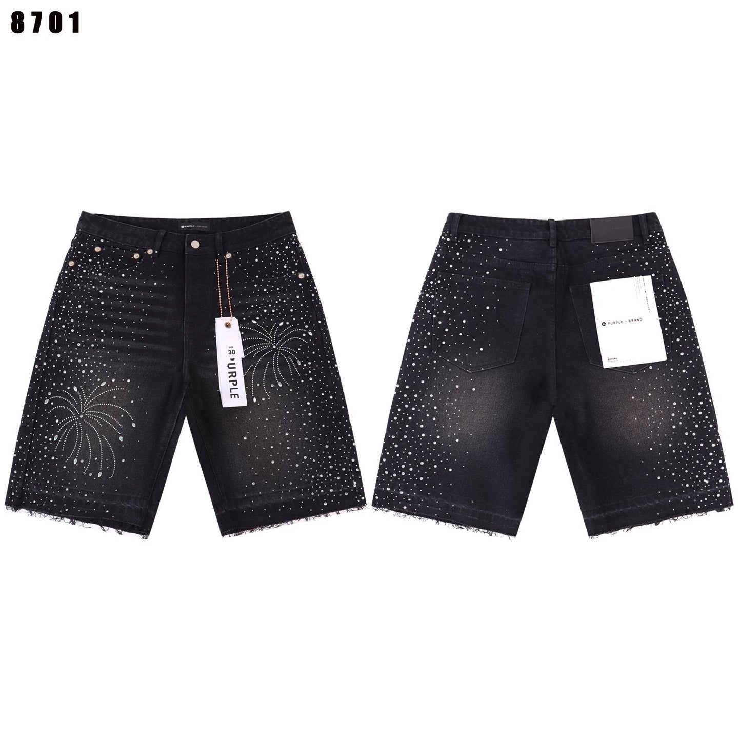 PURPLE Rhinestone Graphic Denim Shorts — front