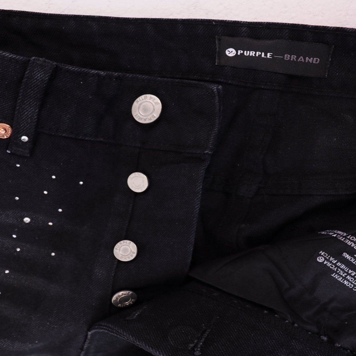 PURPLE Rhinestone Graphic Denim Shorts — neck_label