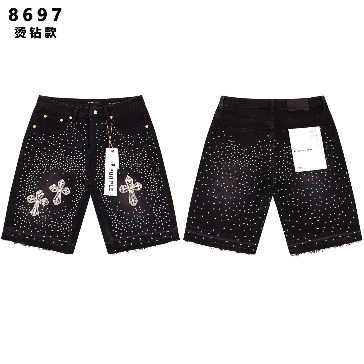 PURPLE Rhinestone Bow Cross Denim Shorts — front