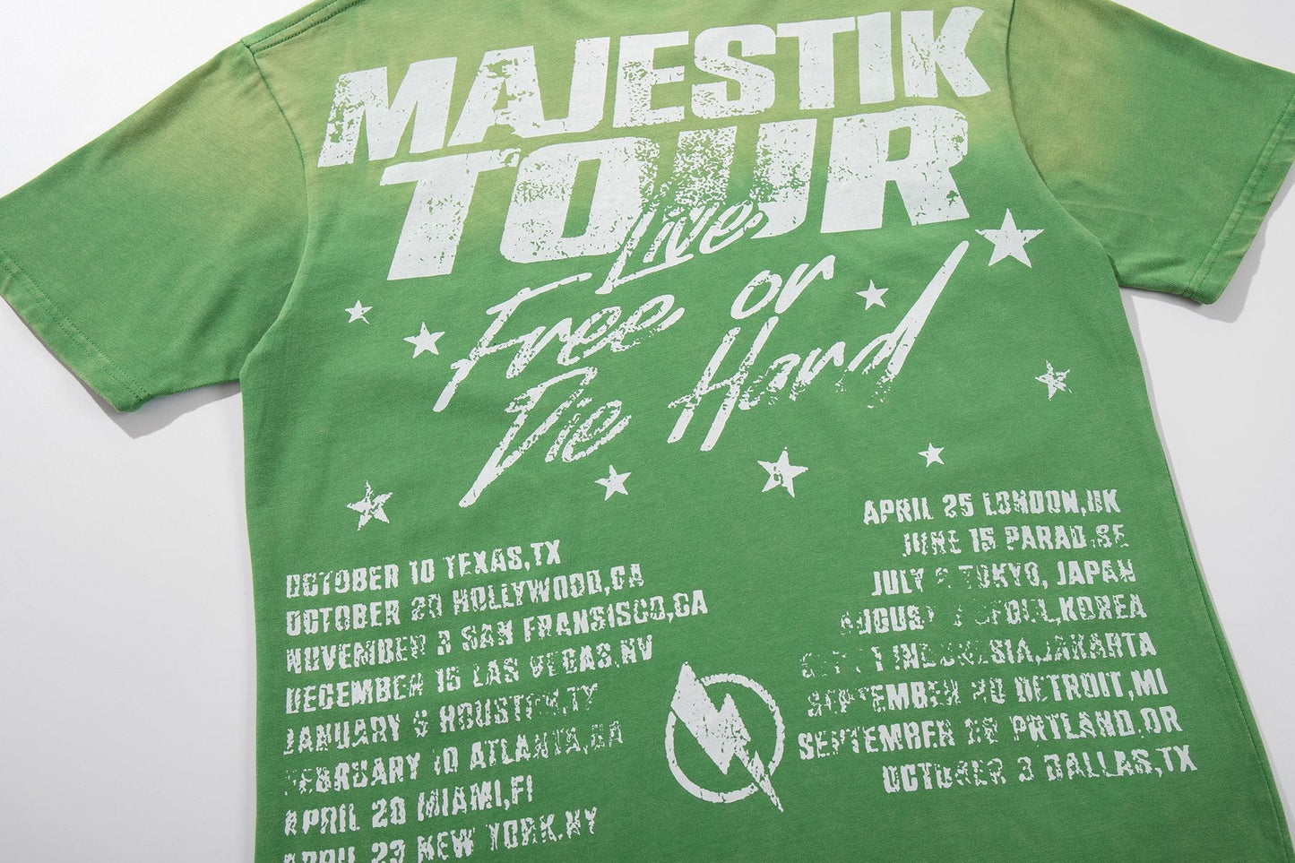 MAJESTIK Green Distressed Tour Graphic T-Shirt — detail