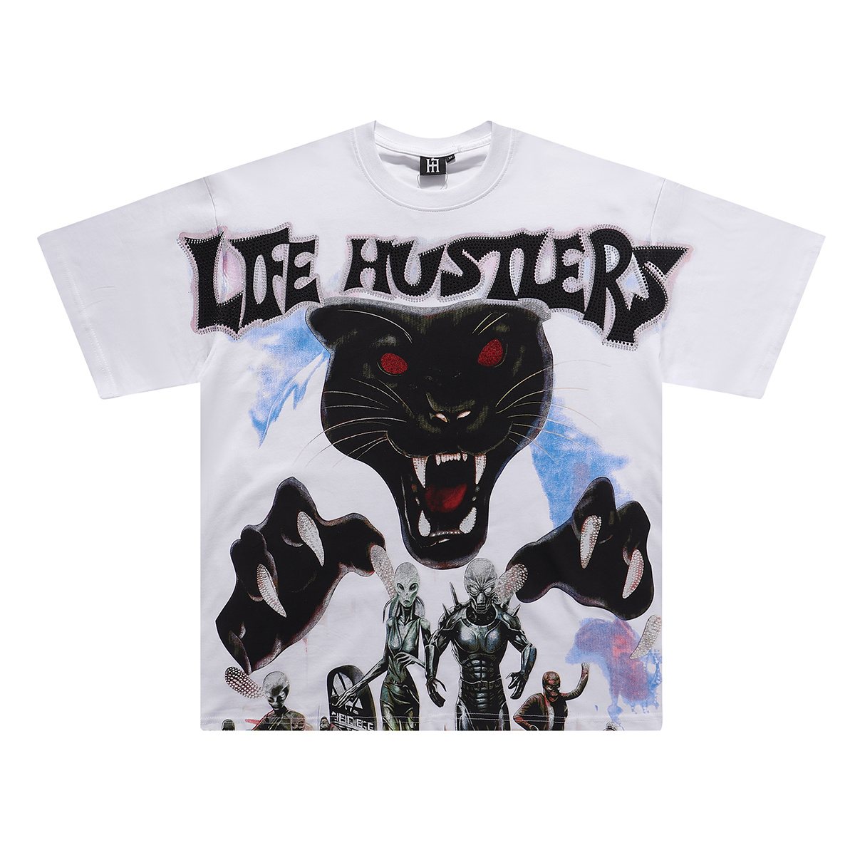 Life Hustlere Rhinestone Panther Graphic T-Shirt — front