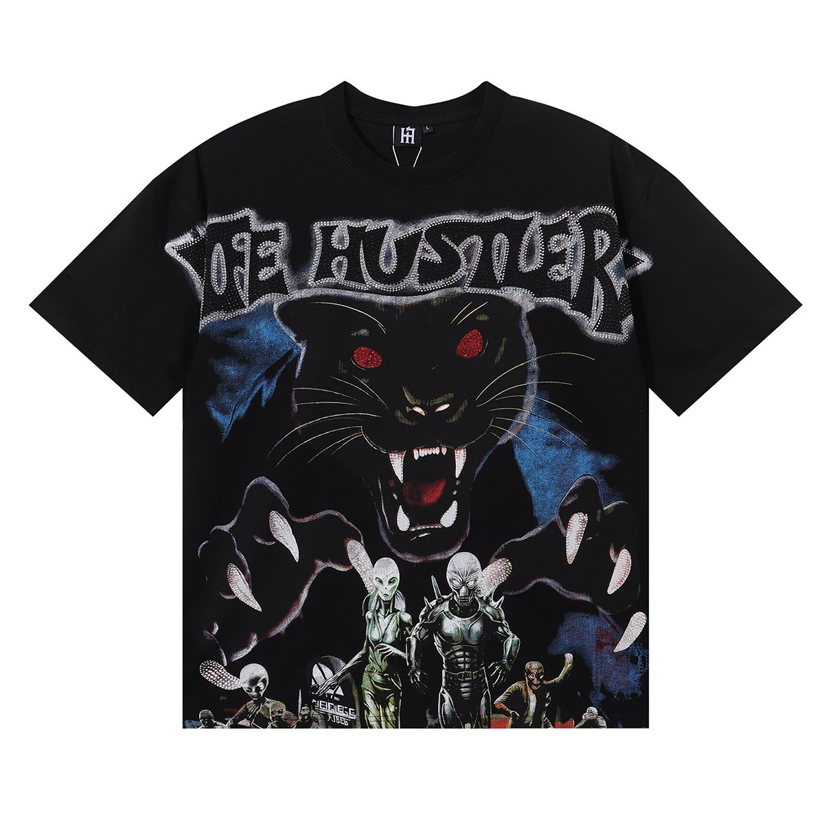 Life Hustlere Rhinestone Panther Graphic T-Shirt — front