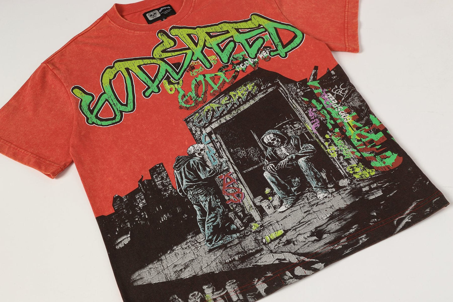 Godspeed Washed Red Skeleton Graphic T-Shirt — front