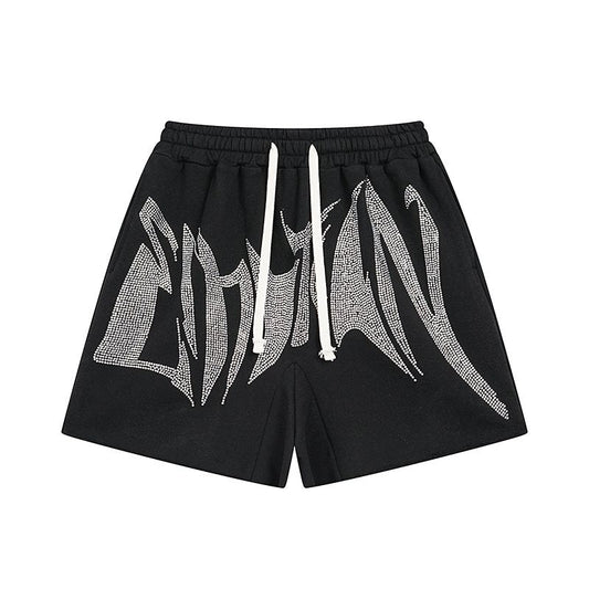 MIXED EMOTION Rhinestone Graphic Raw-Hem Shorts — hero