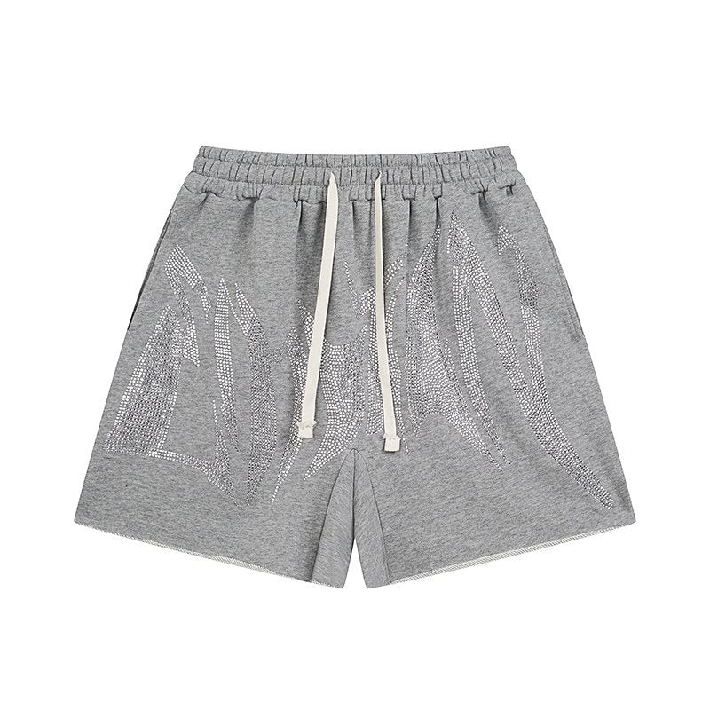 MIXED EMOTION Rhinestone Graphic Raw-Hem Shorts — front