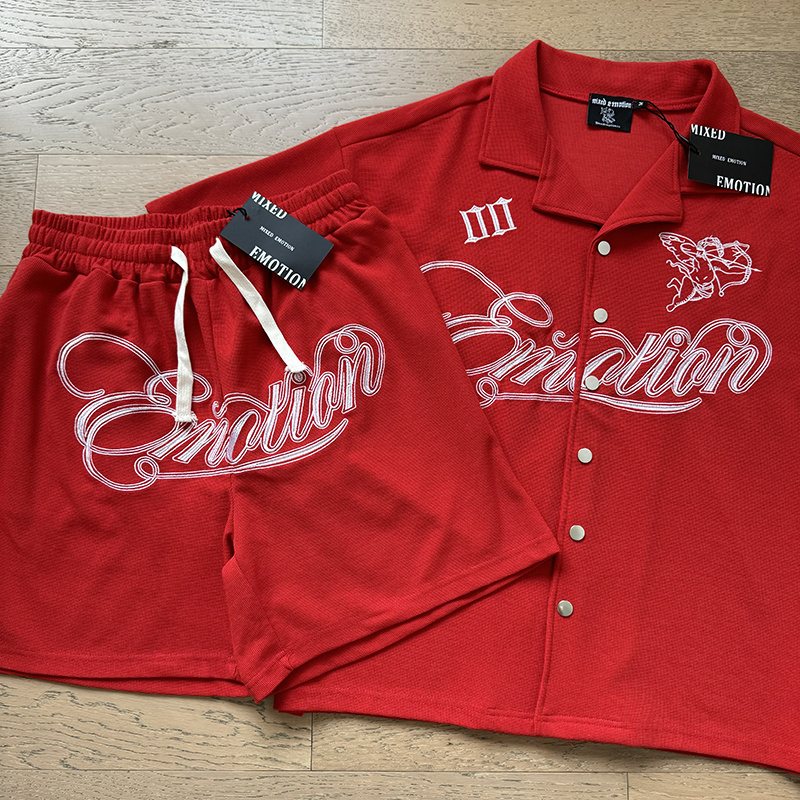 MIXED EMOTION Waffle-Knit Embroidered Shirt & Shorts Set — front