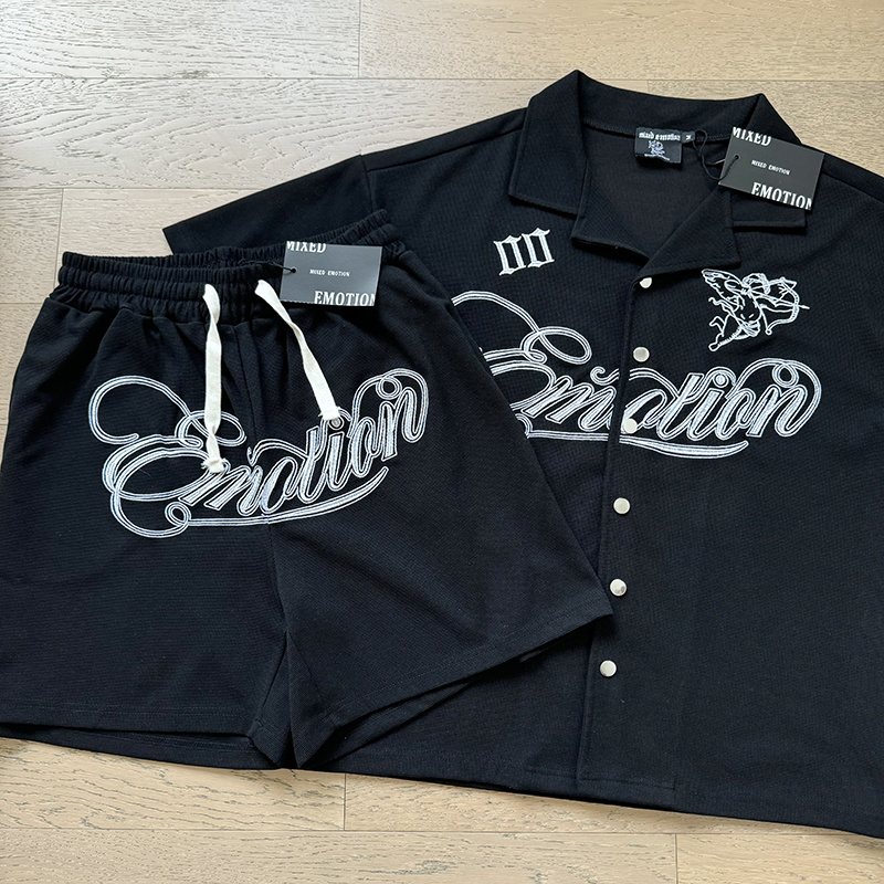 MIXED EMOTION Waffle-Knit Embroidered Shirt & Shorts Set — hero